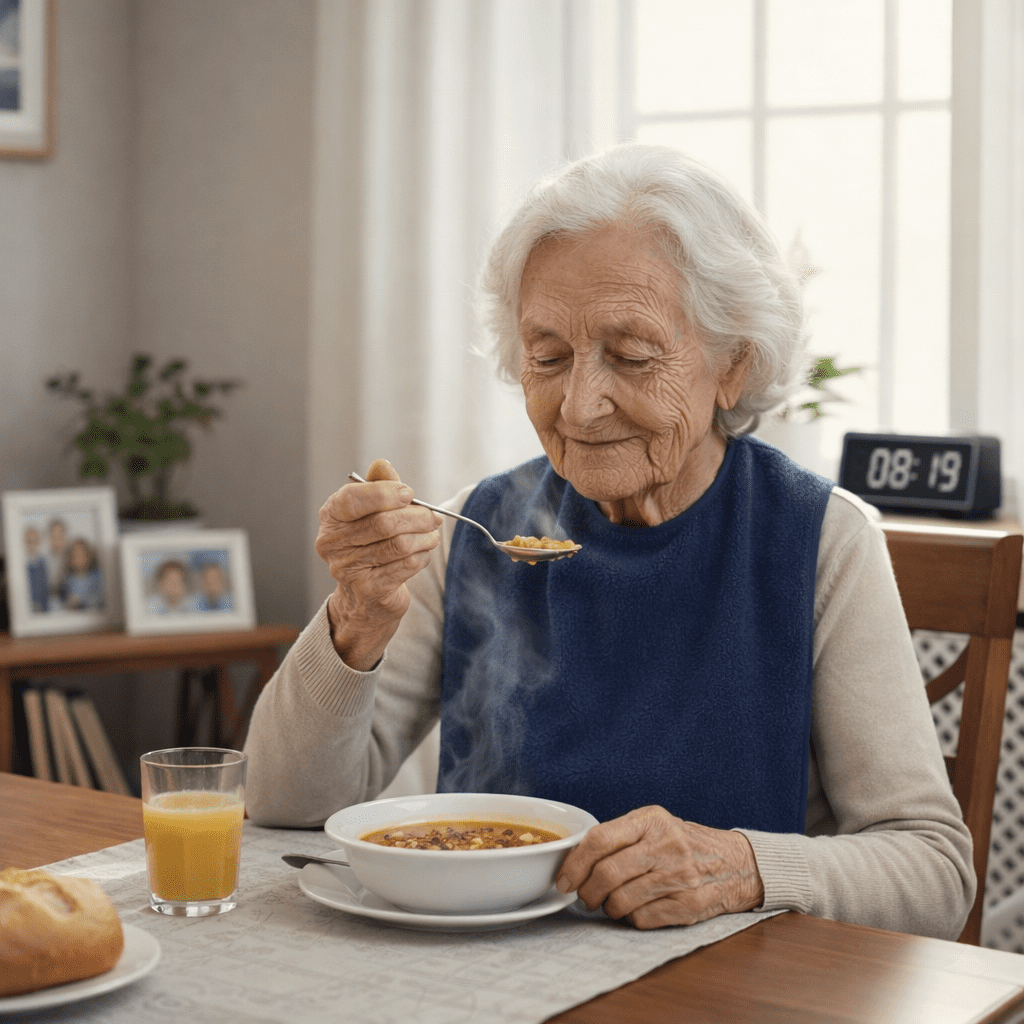 bavoir le quotidien bleu porté sur une dame âgée