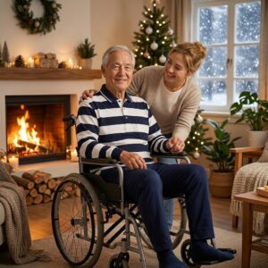 homme senior en fauteuil roulant portant une grenouillère salon